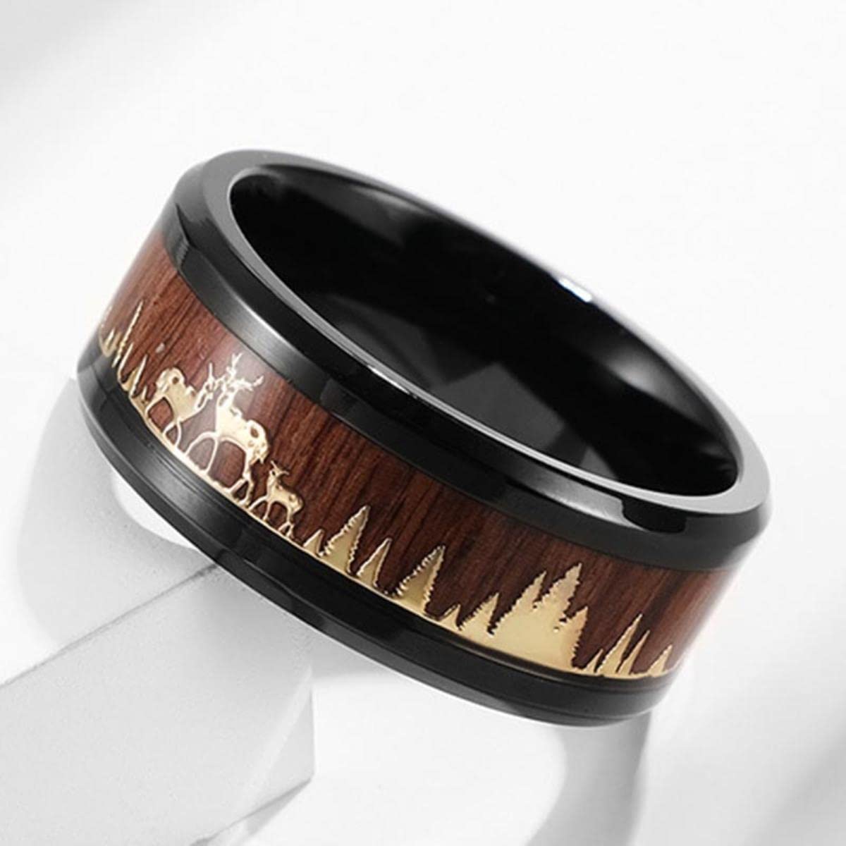 Mode 8mm Männer Schwarz Wolfram Wild Leben Jagd Ring Koa Holz Inlay Hirsch Familie Silhouette Stahl Ring Männer Ehering