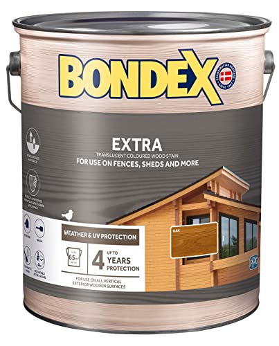 Bondex Extra Wood Stain - Oak Suitable for Exerior Wood - Weather & UV Protection Water Based 4 Years Protection - 5L