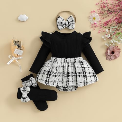 Newborn Baby Girl Holiday Outfit Long Sleeve Plaid Skirt Romper Dress Headband Socks Set Fashion Fall Winter Clothes4