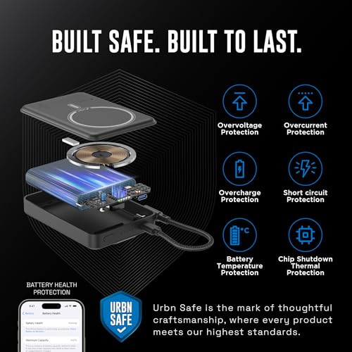 Image of URBN One Premium MagSafe Power Bank 10000mAh | 15W Fast Magnetic Wireless Charging | Built-in Detachable Type C Cable | Dual Port with Pass Through Charging (Black)