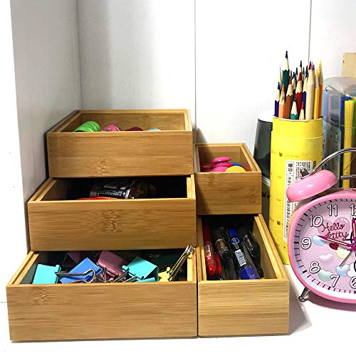 Simhoo Bamboo Stackable Drawer Organizer and Desk Storage Box/Tray for Office Supplies,Junk,Crafts,Sewing Small Daily Use Articles 5 Boxes adjustable Organization(1sets)