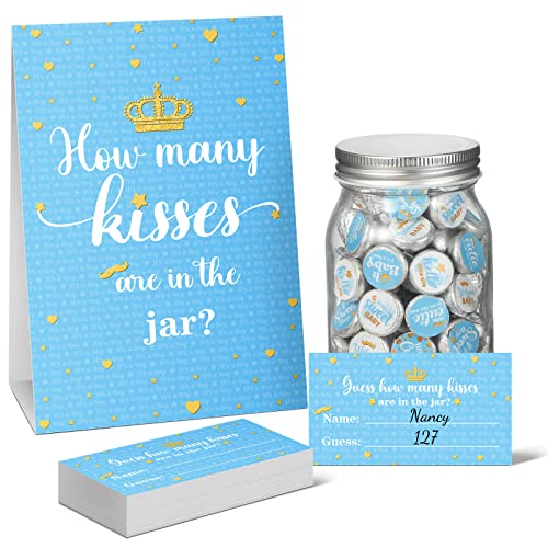 Moukeren 555 Pcs How Many Kisses Game Card Kit How Many Kisses Baby Shower Games Standing Sign Guessing Cards Baby Shower Stickers for Kid Sprinkle Birthday Party, No Candy and Jar(Blue Boy Style)
