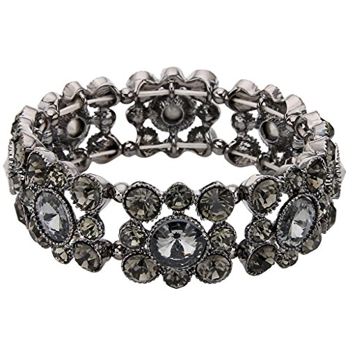 EVER FAITH Black-Tone Round Austrian Crystal Vintage Style Elastic Stretch Bracelet Grey