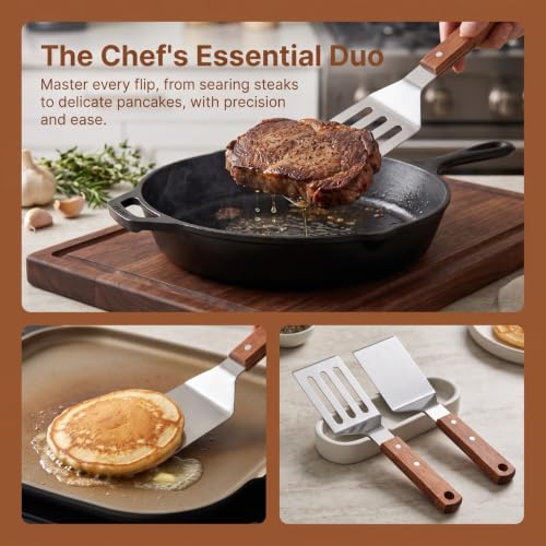 CALLARON 2 Pcs Metal Spatula Cast Iron Skillet, Stainless Steel Spatula with Handle, Non-Stick Pan Turner, Kitchen Egg Flipper Spatulas for Cooking, BBQ, Frying, Grilling 9.8 x 2.8 inch by CALLARON - Used condition - Image 4