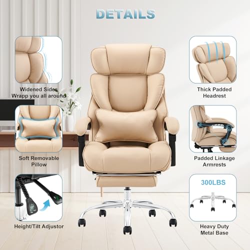 COLAMY Office Chair with Footrest, Ergonomic High Back Design Executive Computer Desk Chair with Removable Lumbar Pillow, 90-135°Reclining, Thick Bonded Leather for Home Office Work Comfort, Khaki