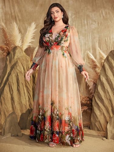 Image of Spring Summer 2024 Plus Size Womens Dresses V Neck Casual Elegant Long Sleeve Floral Print Maxi Dress
