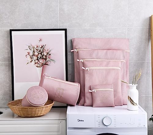 Image of Lukzer 6PC Fine Mesh Laundry Bag for Delicates with Premium Zipper Clothes Travel Storage Organizer Double Layer Thicken Wash Bag for Washing machine (Pink)