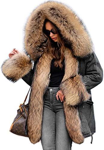 Roiii Women's Denim Winter Thicken Faux Fur Hooded Plus Size Parka Jacket Coat Size S-3XL