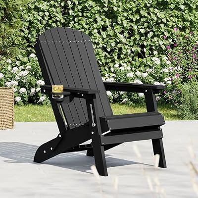 livewood HDPE Foldable Adirondack Outdoor Chair with Cup Holder, Weather Resistant Heavy-Duty Patio Chair for Patio, Backyard, Deck, Fire Pit, Lawn and Porch, Black