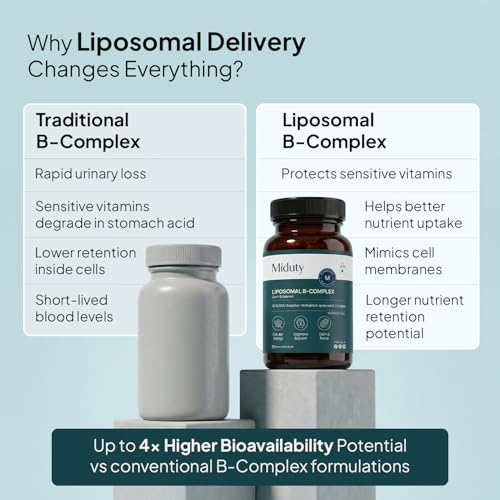 Image of Miduty Liposomal B-Complex | Methylated Vitamin B-Complex with 8 Bioactive B-Vitamins, Quatrefolic, Choline, ALA, KSM-66, Mg & L-Theanine | Daily Energy, Stress & Focus Support for Men & Women | 60 Veg Caps