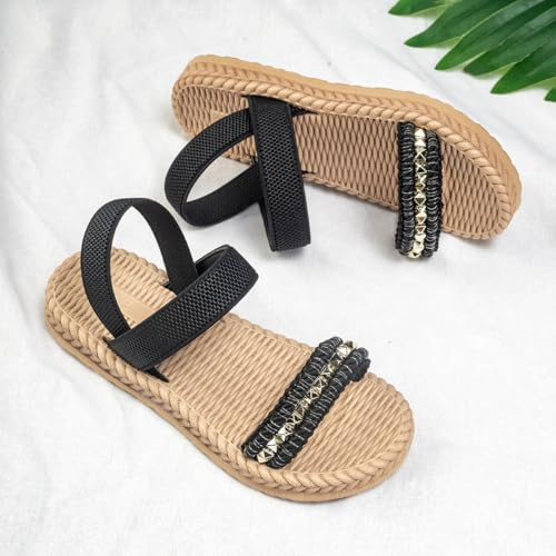 Girls Summer Linen Sandals Straw Weaving Rivet Beach Slides with Back Strap4