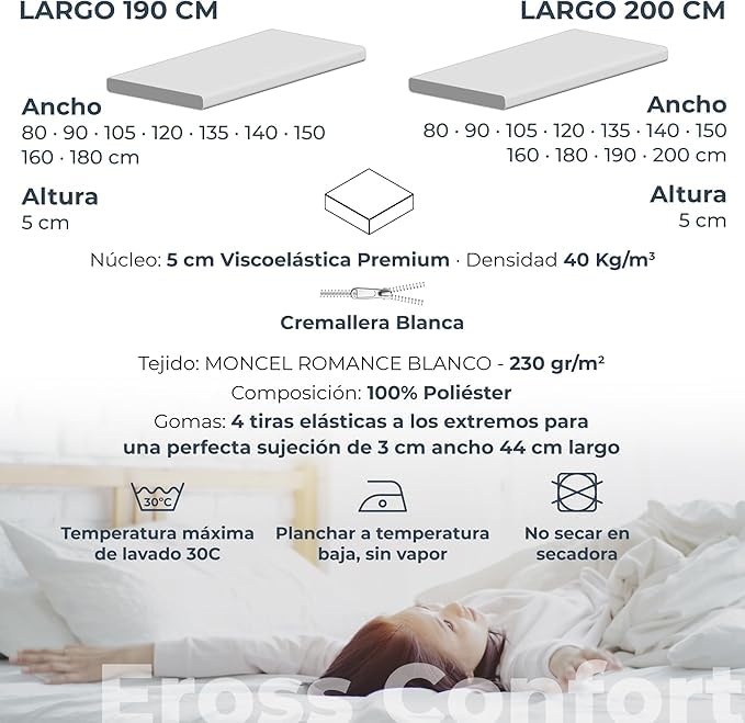 Topper 180x190 Viscoelástico. Cubre Colchón de Espuma con Memoria Adaptable a Todos los Colchones. Hipoalergénico y Transpirable. Desenfundable, Cremallera y Lavable. Moncel ErossConfort