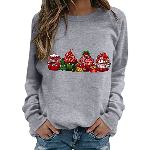 KEIZHUONIQIU Pullover Damen Weihnachtspullover Leicht Langarm Rundhals Oberteile Damen-Sweatshirt mit Langen Ärmeln bedrucktes Oberteil Lässiger Pullover Weihnachten Cover