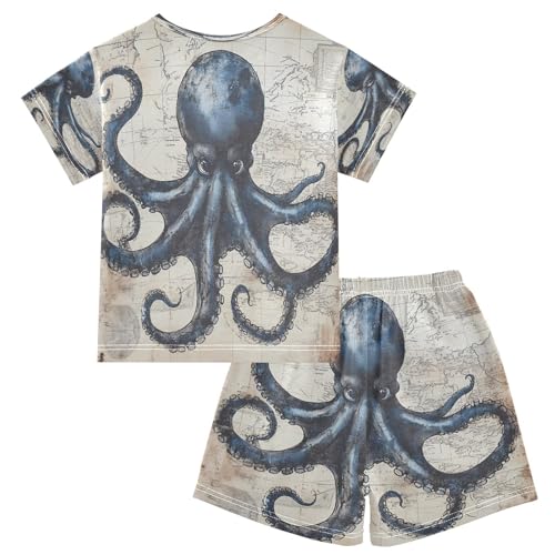 ALAZA Vintage Style Octopus Antique Nautical Map Pajamas Set Short Sleeve Cotton Sleepwear Summer Pjs 2 Piece 5-14Y2