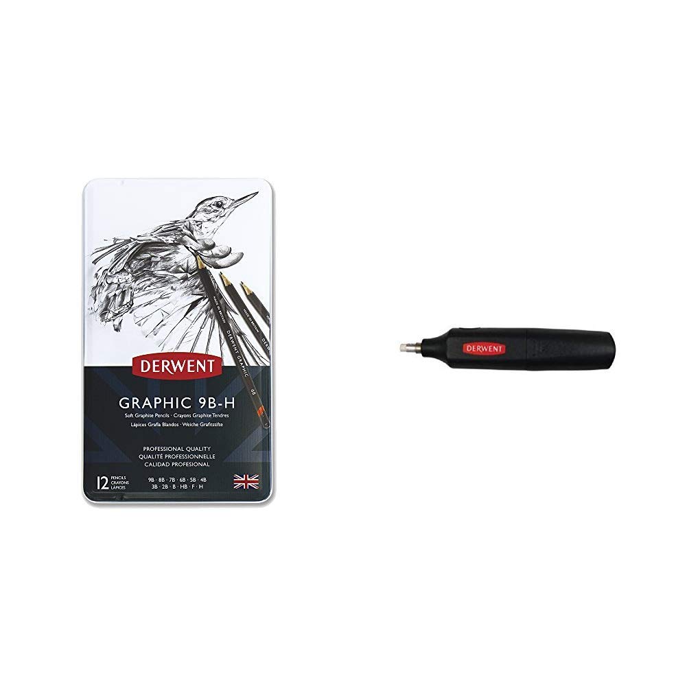 Derwent 34215 Graphic Soft Graphite Drawing Pencils, Set of 12, Professional Quality, 34215, Black &2301931 Battery Operated Eraser Pen, Black