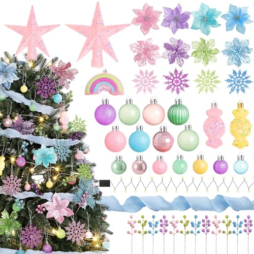 Syhood Lot de 70 décorations de sapin de Noël pastel comprenant des décorations de Noël à paillettes, poinsettia, fleurs, baies, flocons de neige, ruban LED pour décoration de Noël