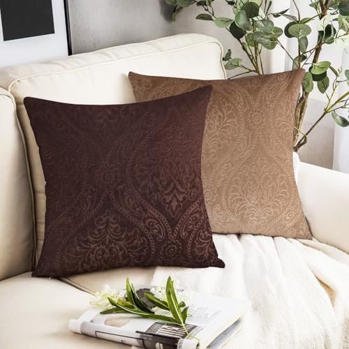 IVAZA Velvet Embossed Fabric Decorative Reversible Cushion Cover 12 x12 Inch - Set of 2, Soft Solid Damask Square Throw Pillow Covers for Sofa, Living Room or Home Decor - 30x30 cm Coffee