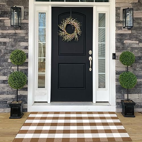Bottalive Brown White Plaid Rug