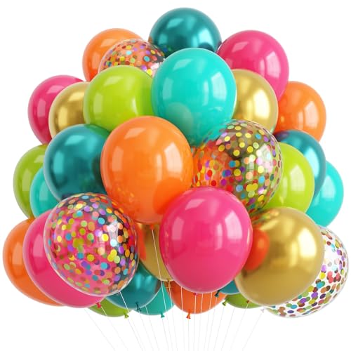 Image of Tropical Rainbow Balloons Kit, 50 Pcs 12 Inch Hawaiian Teal Orange Pink Metallic Green Gold Confetti Balloons for Girl Kid Summer Beach Luau Aloha Pool Birthday Back to School Party Decorations