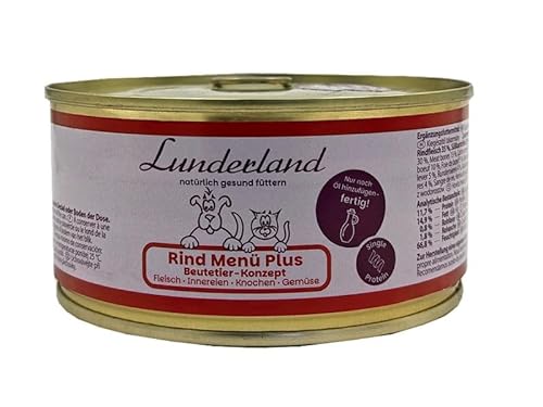 Lunderland Rind Menü Plus 5 x 300g Dose (insg. 1,5kg) I Hundefutter I mit Rindfleisch, Süßkartoffel, Fleischknochen,Pansen, Leber, Niere, Rinderblut, Seealgenmehl I Nassfutter I Dosenfutter