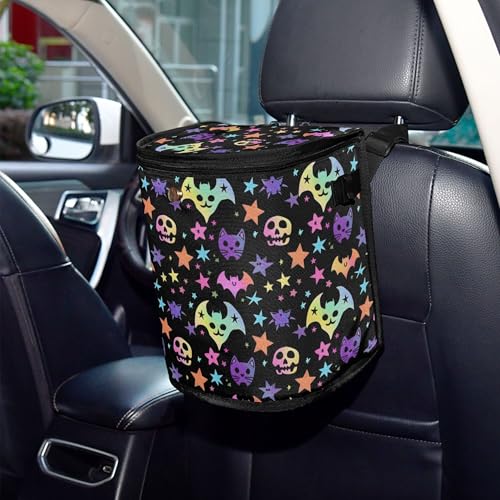 Image of MNSRUU Car Trash Can with Lid, Bats and Stars Car Trash Bag Hanging Organizers and Storage for Front Back Seat, Leak-Proof Trash Bin