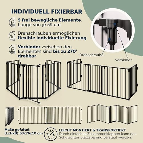 CASARIA® Kaminschutzgitter Baby mit Sicherheitstür Metall ohne Bohren 306x76cm Hundegitter Kinderschutz Türschutzgitter Absperrgitter Schwarz