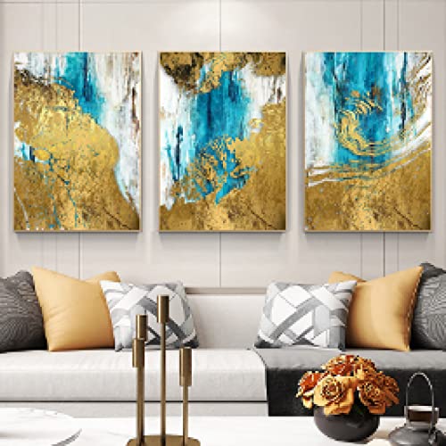 Décor À La Maison Esthétique Peinture Or Et Bleu Toile Moderne Abstrait