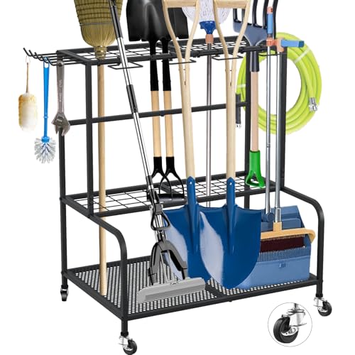 Aufbewahrungsregal für Gartengeräte mit Haken und Rädern, mehr als 78 Werkzeughalter, 61 × 41 × 66 cm Karbonstahl-Gestell mit 11 Haken für Schaufeln, Rechen, Hacken, Trimmer,Gartenwerkzeug Organizer