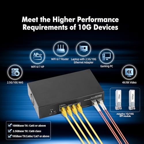 Image of MokerLink 6 Port 10Gbps Managed Switch, 4x10G Etheret RJ45, 2x10G SFP+ Support 1G and 10G SFP+, 120Gbps Bandwidth, Small L2 Web Managed Network Switch