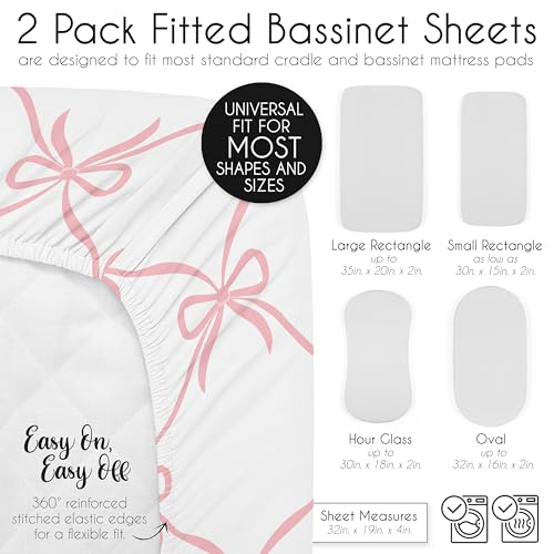 Image of Sweet Jojo Designs 2-Piece Baby Bassinet Sheets Set (White /Pink Bows) for Girls, Infant Newborn Nursery, Oval, Rectangle & Hourglass Mattress (Blush Bow, Coquette, Shabby Chic, Vintage Ballet, Dancer)