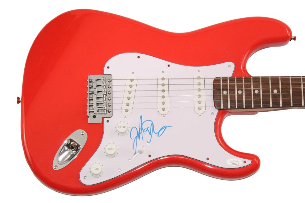 Jack Johnson Signed Autograph Full Size Red Stratocaster Electric Guitar B with James Spence Authentication JSA COA - Brushfire Fairytales On and On In Between Dreams Sing-A-Longs and Lullabies for the Film Curious George Sleep Through the Static To the Sea From Here to Now to You All the Light Above It Too Meet the Moonlight