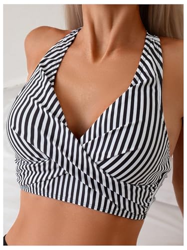 SweatyRocks Women's Striped Criss Cross Bikini Top Tie Backless Beach Swimsuit Tops3