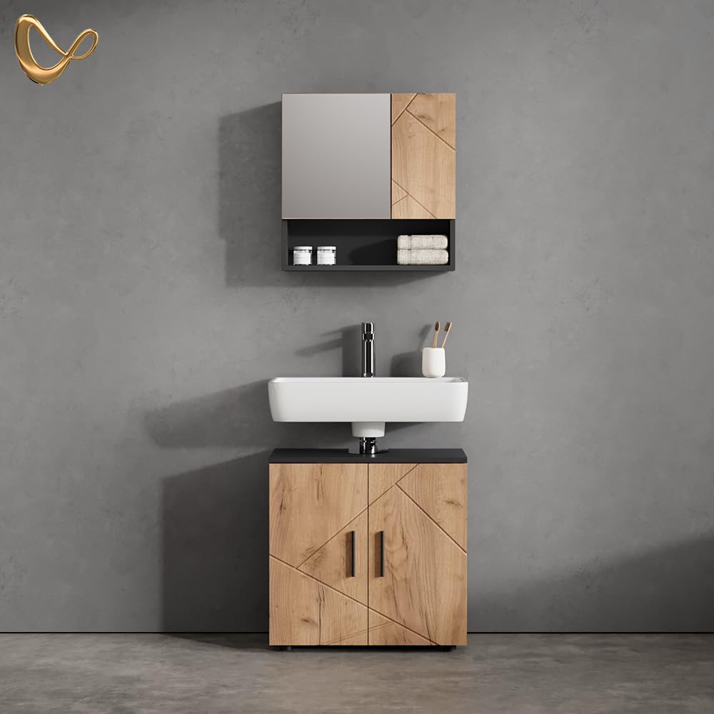 Livinity Badmöbel-Set Ronco Goldkraft Eiche/Anthrazit | 2 Teile, Unterschrank 60 cm