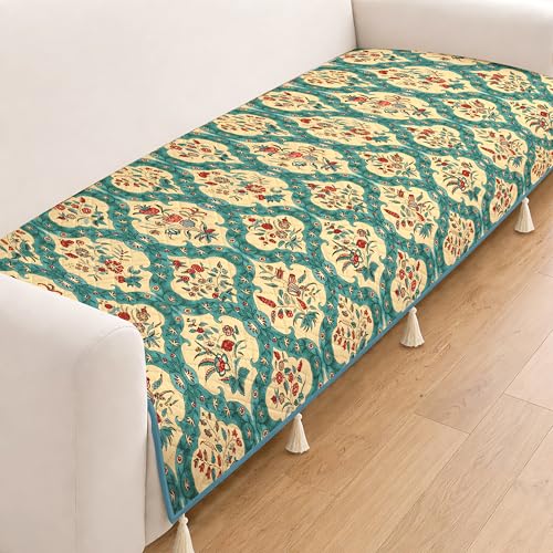 Image of Cloth Fusion Quilted Sofa Cover Seat Mat 2 Seater, Floral Damask | Reversible Jaipuri Print, 120 cm, Seat Cover Only, Decorative Tassel Edging With A Spare, Easy Tuck-In Hold, Not Anti-Slip
