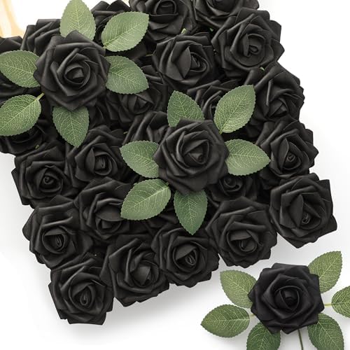 Mocoosy 50Pcs Black Roses Artificial Flowers, Fake Roses for Deco...