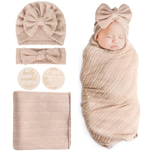 Image of DRESHOW BQUBO Baby Swaddle Blankets for Girls, 4PCS Newborn Accessories Set with Hat and Bow Headband with Hello World Wooden Birth Announcement Card, Baby Blankets for Girls