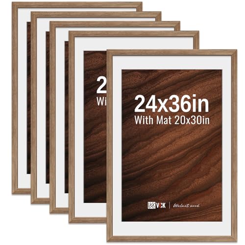 Image of VCK 24x36 Poster Frame 5 Pack, Walnut Wood, 20x30 Mat, for Wall Art
