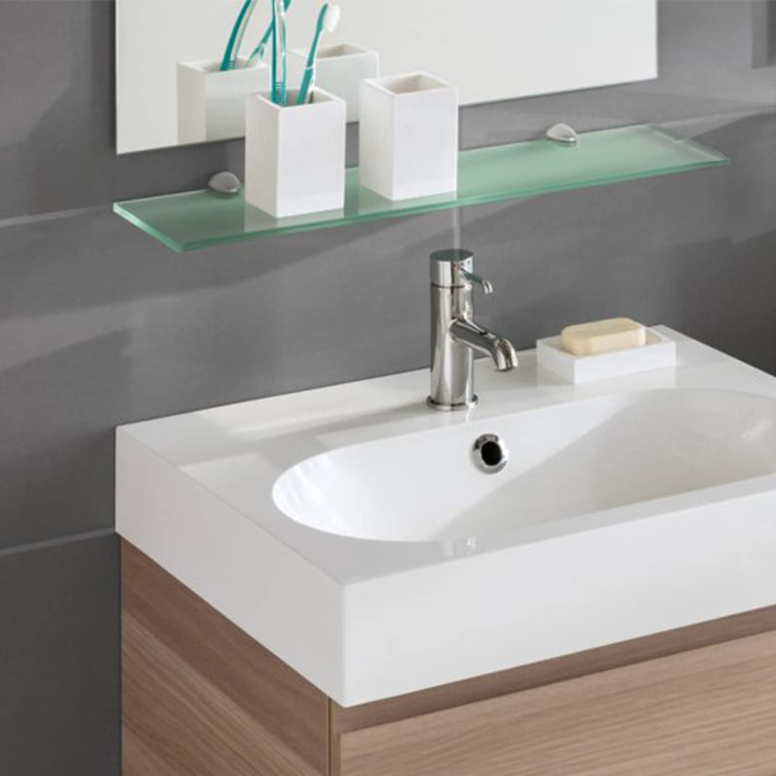 Randaco Mensola in vetro trasparente 8mm ESG vetro di sicurezza con supporto a parete per bagno