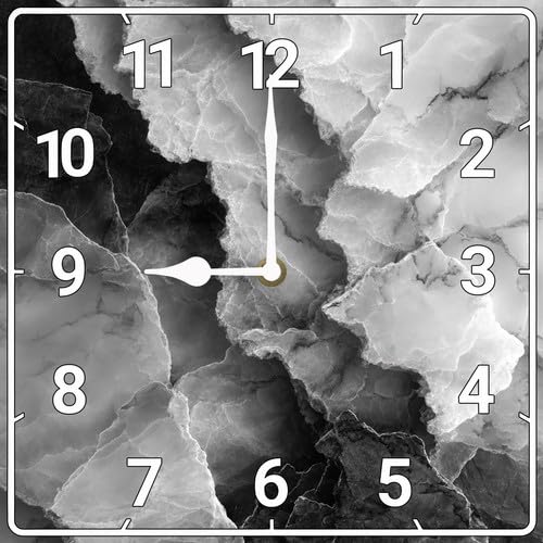 Vdenvileye Black and White Marble-Patterned Wall Clock 25cm Wooden Square Modern Art Clock Silent No Tick Battery Powered for Bathroom Bedroom Living Room Kitchen Wall Decoration (Style 7)