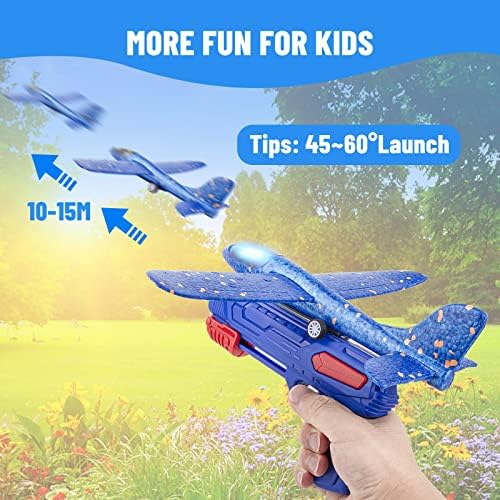 JOYGOGO Airplane Launcher Toy, 4 Pack LED Foam Throwing Glider Plane with Launcher, Aeroplane Toys, Outdoor Garden Sport Game Toys, Gifts for 3 4 5 6 7 8 9 Years Old Boys Girls