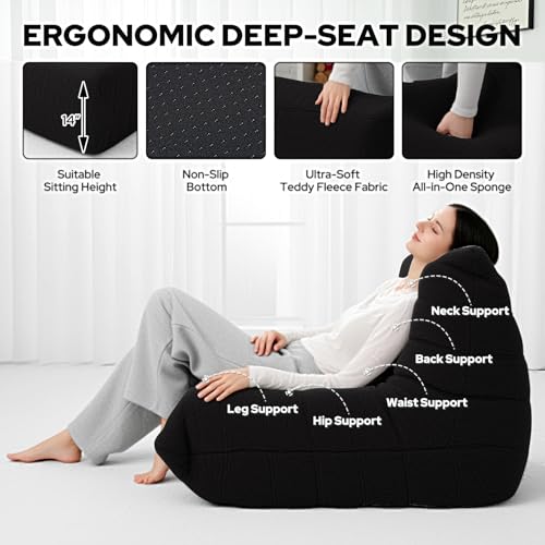 Image of HABUTWAY Bean Bag Chairs Fireside Lazy Floor Sofa,Single,Black | Soft Teddy Fleece Bean Bag Sofa with High-Resilience Foam Filling,Beanbag for Living Room, Bedroom, Office