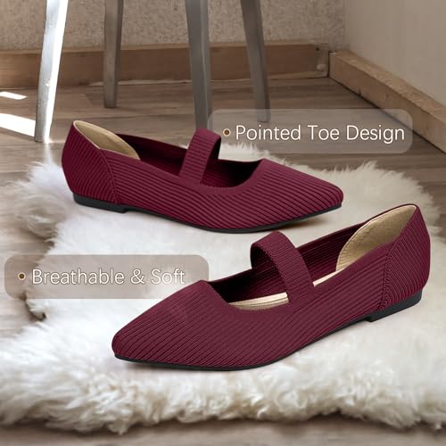 Image of TINGRISE Women's Flats Shoes Pointed Toe Knit Washable Ballet Comfortable Dressy Mary Jane Flat