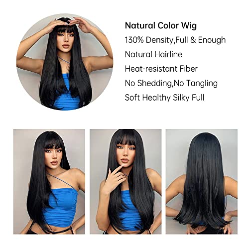 EMMOR Black Wigs Long Straight Wig With Fringe Hair for Women Synthetic Natural Black Hair Party And Cosplay Premium Soft Wig(26" Black) - Image 2