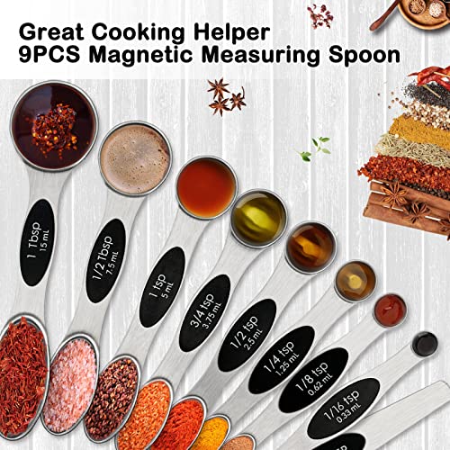 Magnetic Measuring Spoons Set Of 9, Stainless Steel, Dual Sided For Liquid And Dry Food, Tablespoon With Metric And Us Measurements, Spoons Fit In Spice Jars, Cooking, Baking, Dishwasher Safe (Black) #TOP6