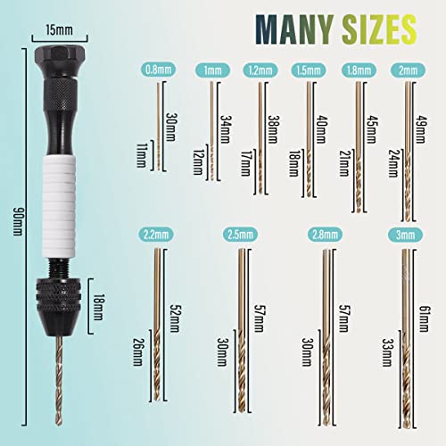 Litorange 9cm Handbohrer mit 10 HSS Kobalthaltige Spiralbohre(0.8-3.0mm) Mini Bohrmaschine Pin Vise Mini Hand Drill Bit Set für Modellbau und zum Bohren von Löchern in Holz, Harz