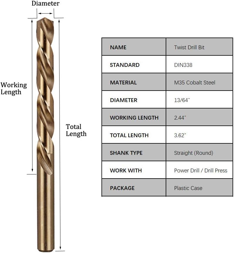 Hymnorq M35 Cobalt Steel Fractional 13/64 Inch Dia. x 3.62 Inch Long Twist Drill Bit Set of 10pcs - Image 5