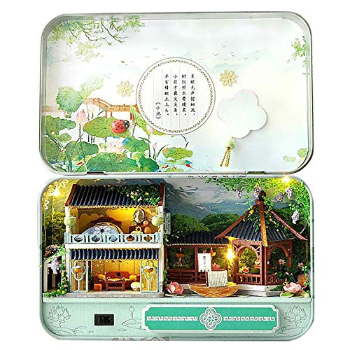 EIRMEON DIY Miniature Dollhouse Kit,3D Wooden Dollhouse Miniature DIY Doll House Kit with Furniture,1:24 DIY Box Theater Kit,4 Seasons Landscape Vintage Architectural Mini Dollhouse for Kids (Summer)