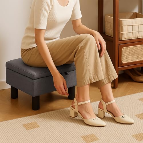 YORKING Footstool with Storage, Small Ottoman Stool, Fabric Footstool with Padded Seat, Sofa Footrest Extra Seating for Living Room Bedroom Entryway, 15.7"×11.8"×9.4", Dark Grey