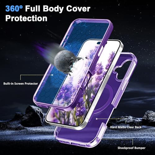 Turquiase for iPhone 16 Full Body Shockproof Case with Magnetic Invisible Stand [Compatible with MagSafe] Built-in Screen Protector Military Drop ProtectionTranslucent Phone Cover -Purple by Turquiase - Image 4