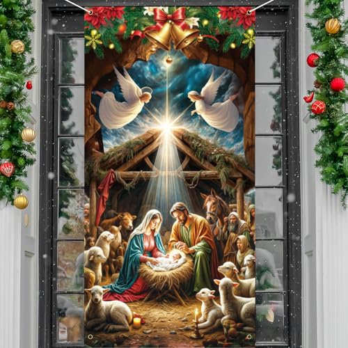 Nativity Christmas Door Covers for Front Doors Decoration Religious Holy Night Jesus Scene Fabric...